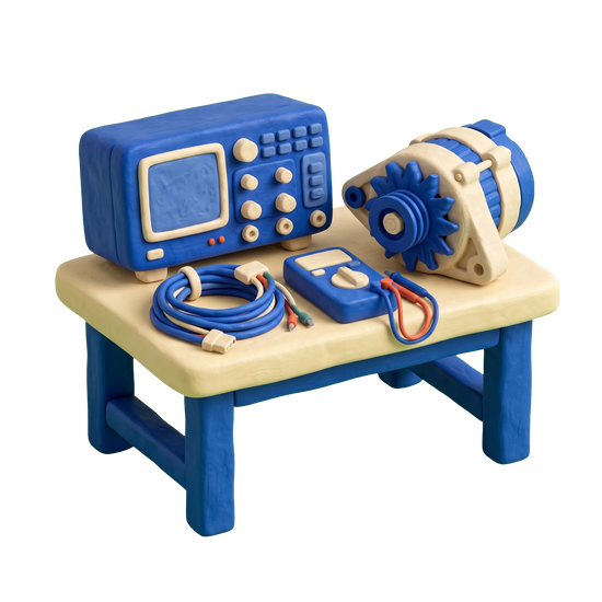 Auto electrical service illustration in blue and ivory clay