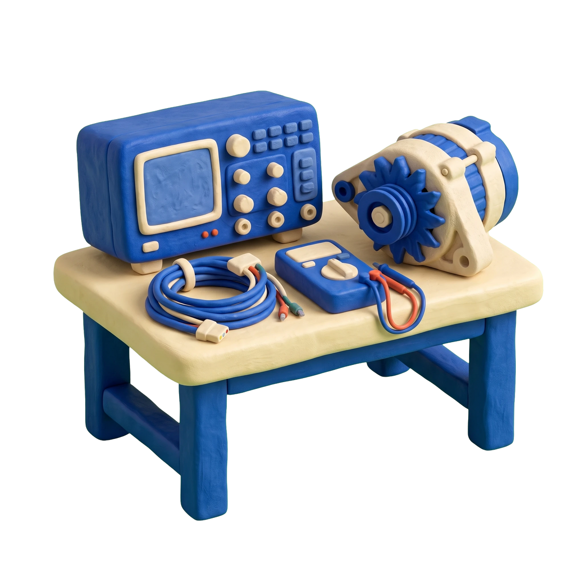 Auto electrical service illustration in blue and ivory clay