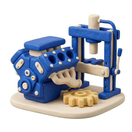 Auto parts manufacturer illustration in blue and ivory clay
