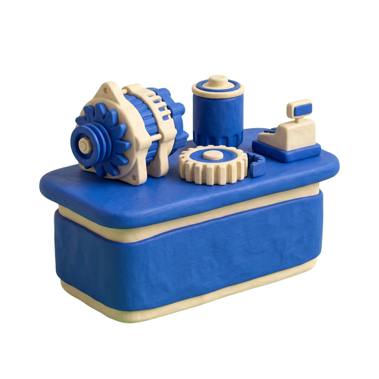 Auto parts market illustration in blue and ivory clay
