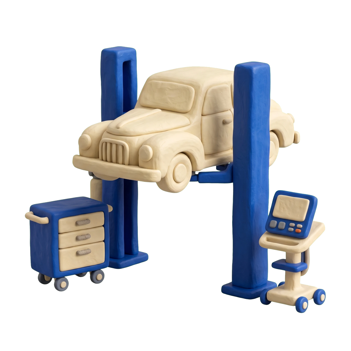 Auto repair shop illustration in blue and ivory clay