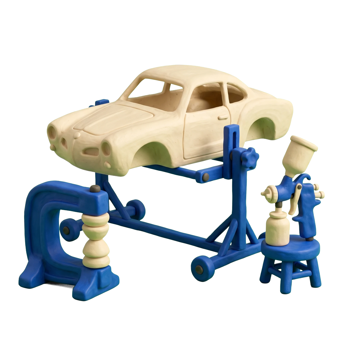 Auto restoration service illustration in blue and ivory clay