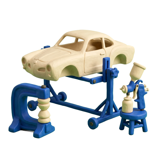 Auto restoration service illustration in blue and ivory clay