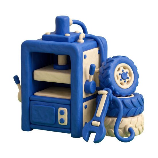 Auto wrecker illustration in blue and ivory clay