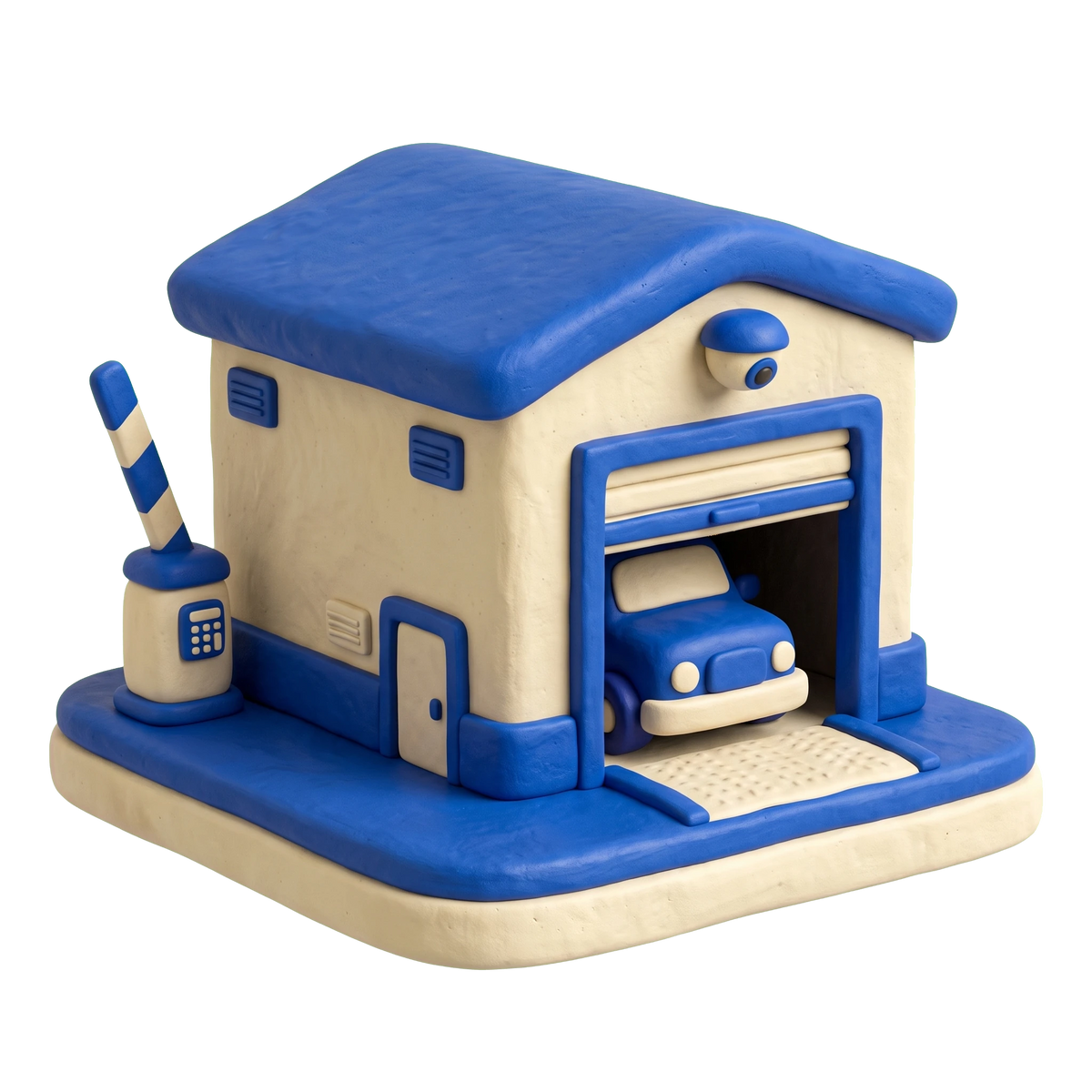 Automobile storage facility illustration in blue and ivory clay