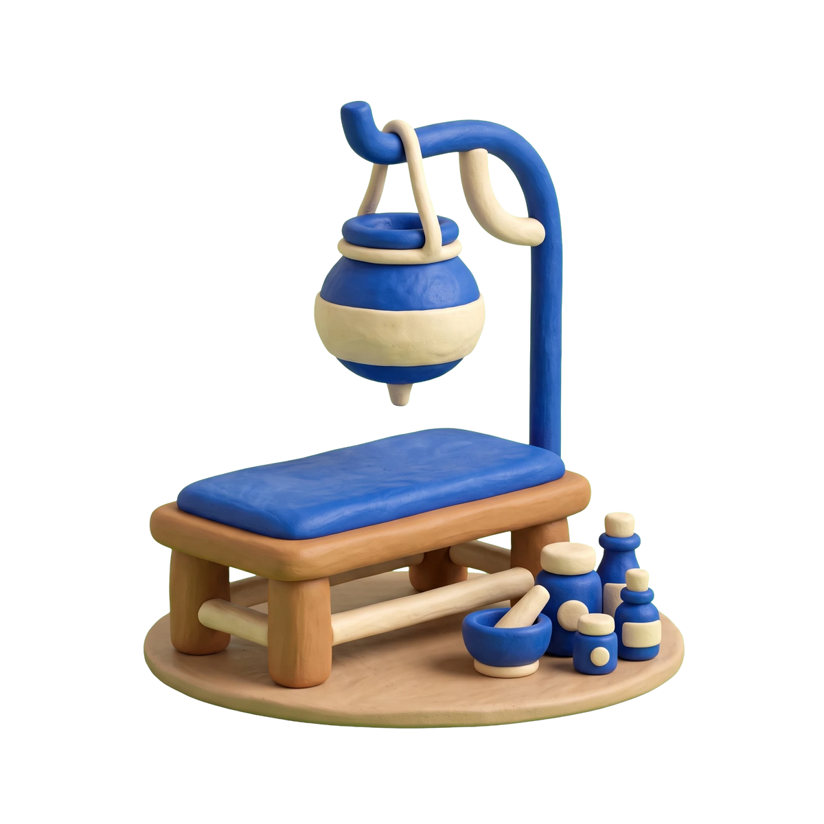 Ayurvedic clinic illustration in blue and ivory clay