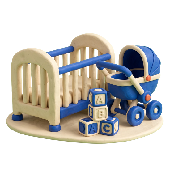 Baby store illustration in blue and ivory clay