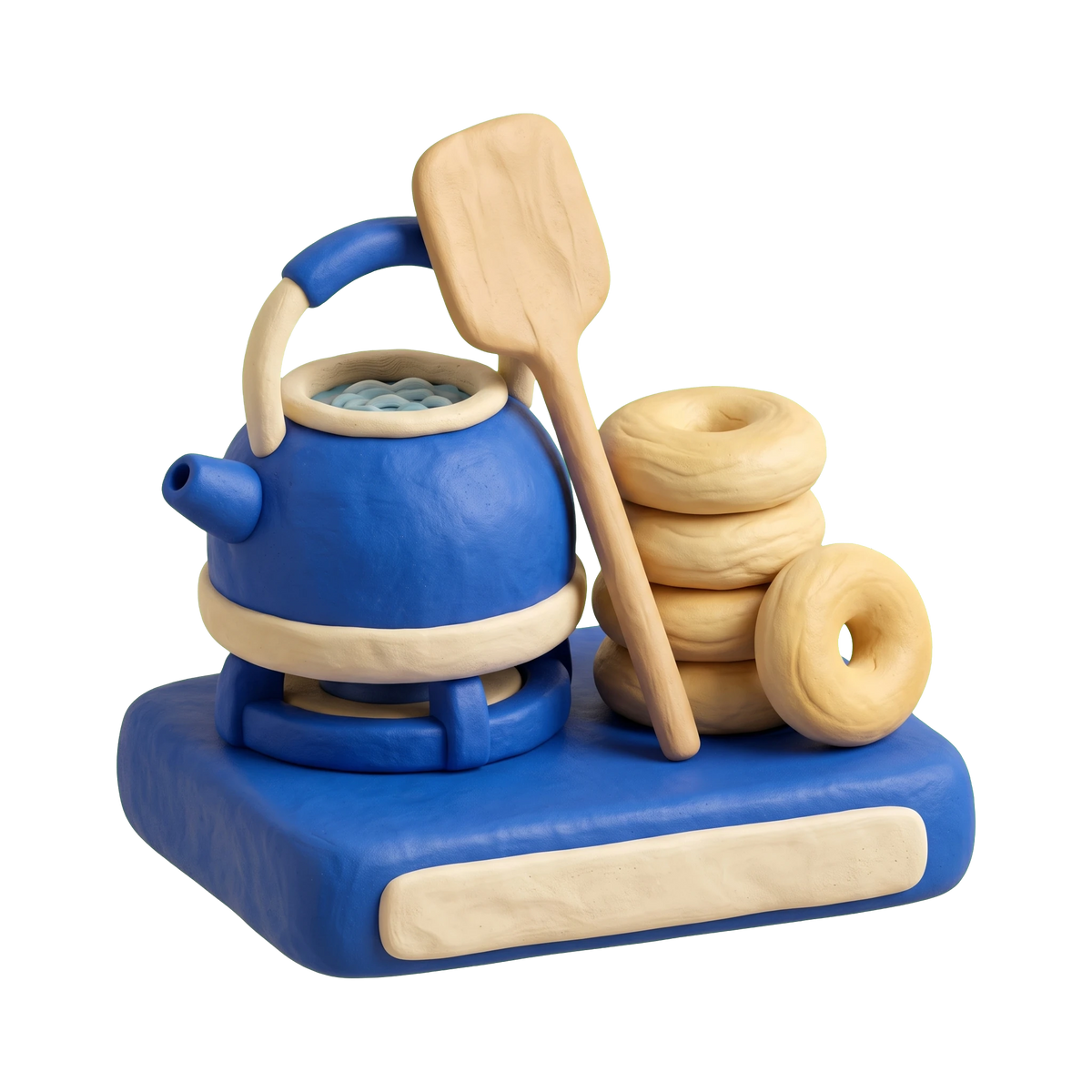 Bagel shop illustration in blue and ivory clay