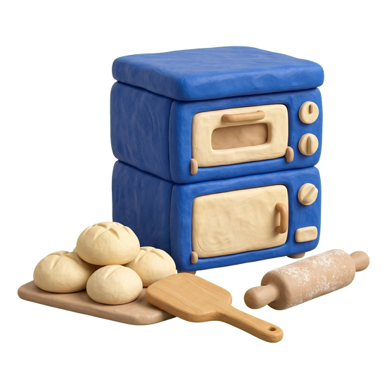 Bakery illustration in blue and ivory clay