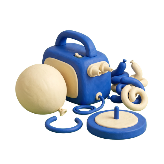 Balloon artist illustration in blue and ivory clay