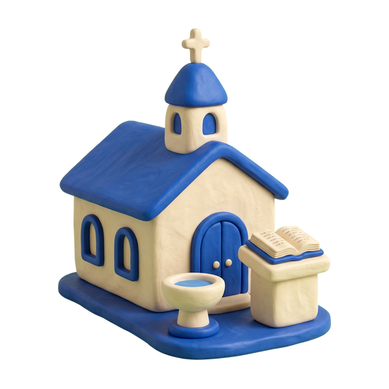 Baptist church illustration in blue and ivory clay