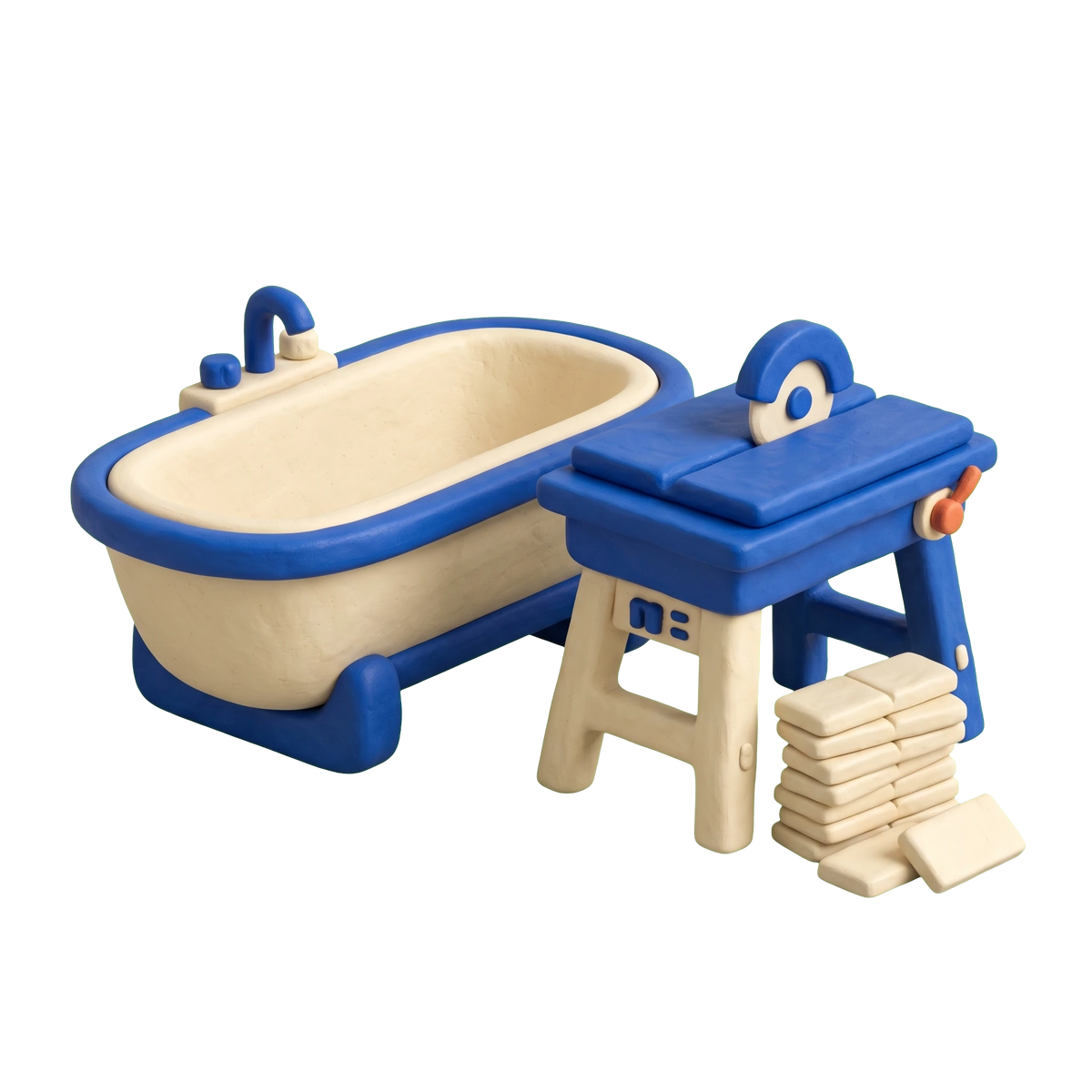 Bathroom remodeler illustration in blue and ivory clay