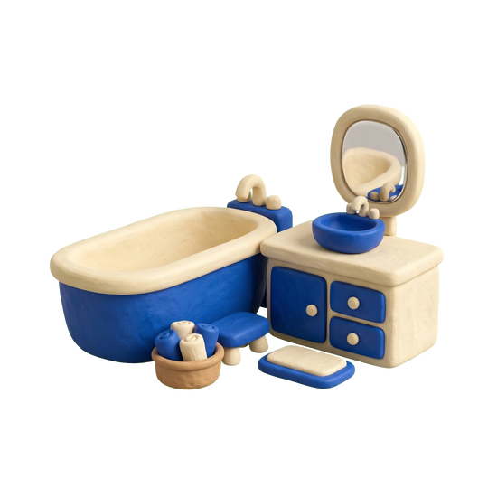 Bathroom supply store illustration in blue and ivory clay