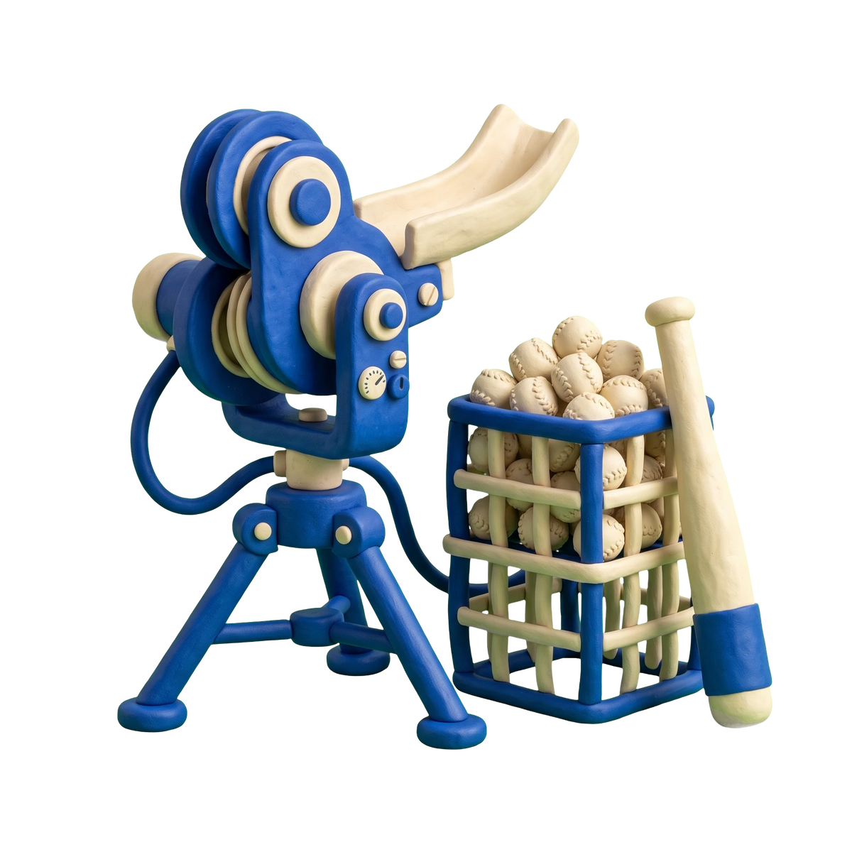 Batting cage center illustration in blue and ivory clay