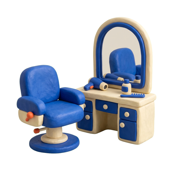 Beauty salon illustration in blue and ivory clay