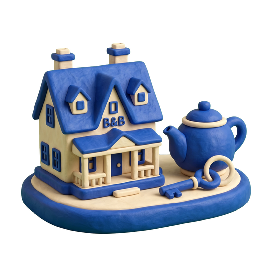 Bed & breakfast illustration in blue and ivory clay