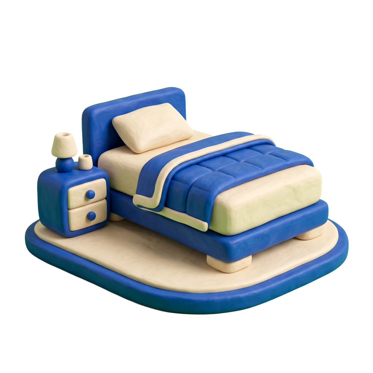 Bedding store illustration in blue and ivory clay