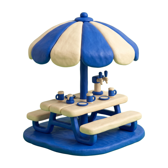 Beer garden illustration in blue and ivory clay