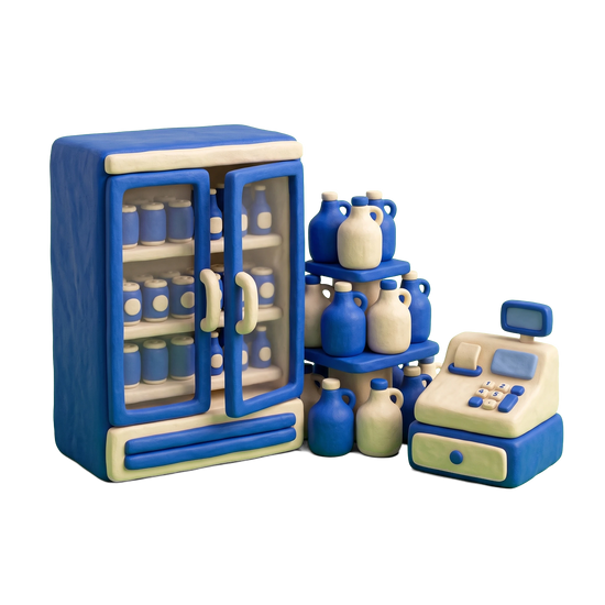 Beer store illustration in blue and ivory clay