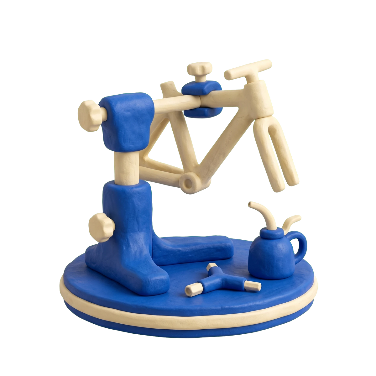 Bicycle repair shop illustration in blue and ivory clay