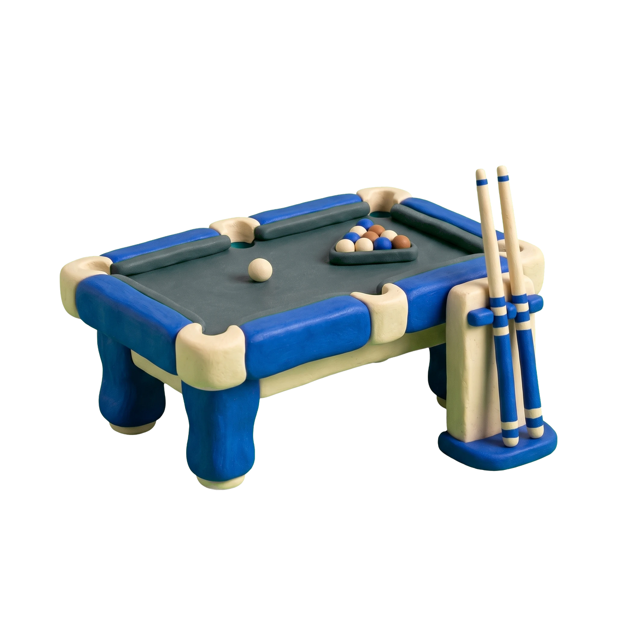 Billiards supply store illustration in blue and ivory clay