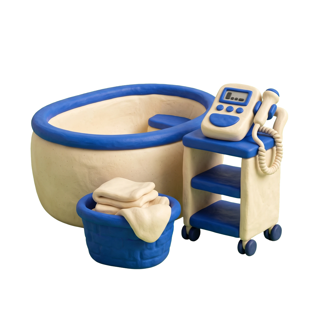 Birth center illustration in blue and ivory clay