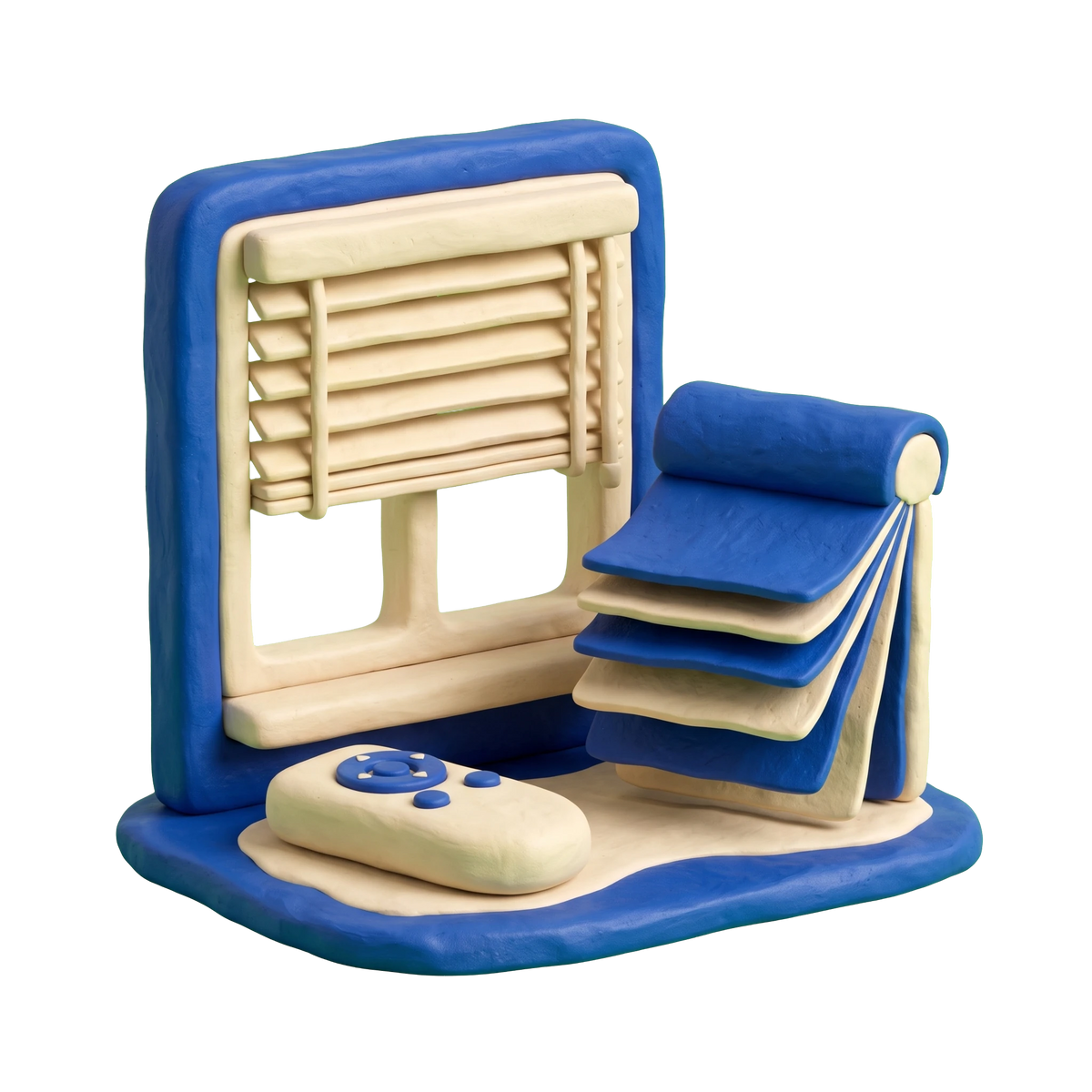 Blinds shop illustration in blue and ivory clay
