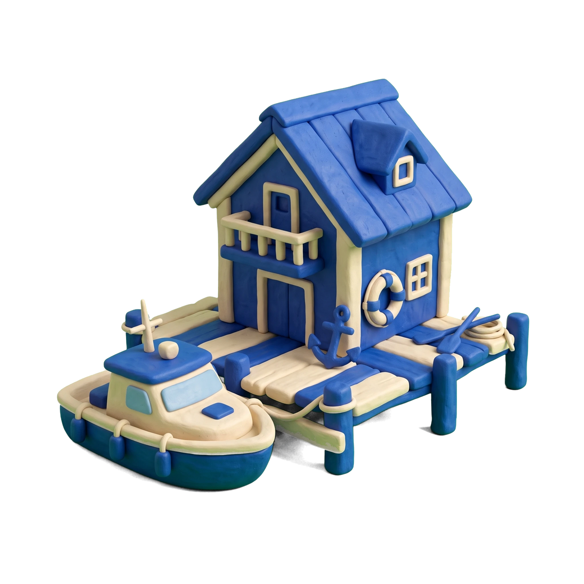 Boat club illustration in blue and ivory clay