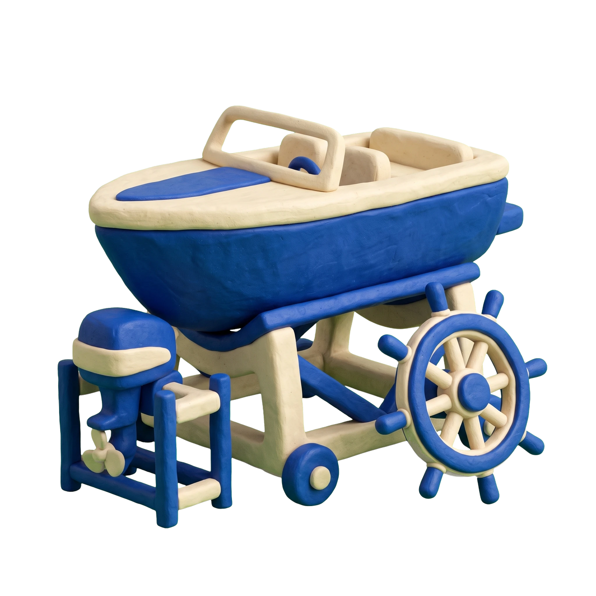 Boat dealer illustration in blue and ivory clay