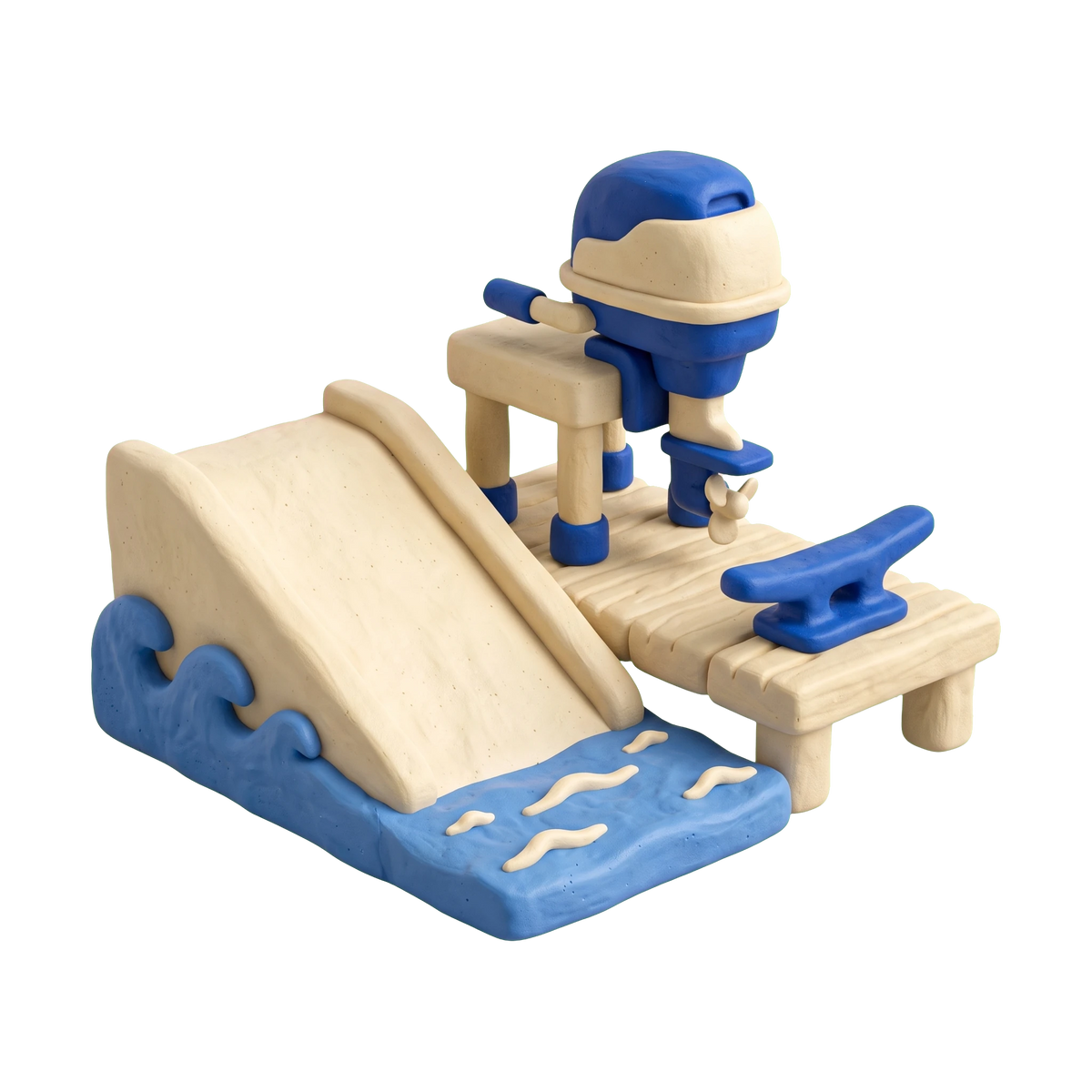 Boat ramp illustration in blue and ivory clay