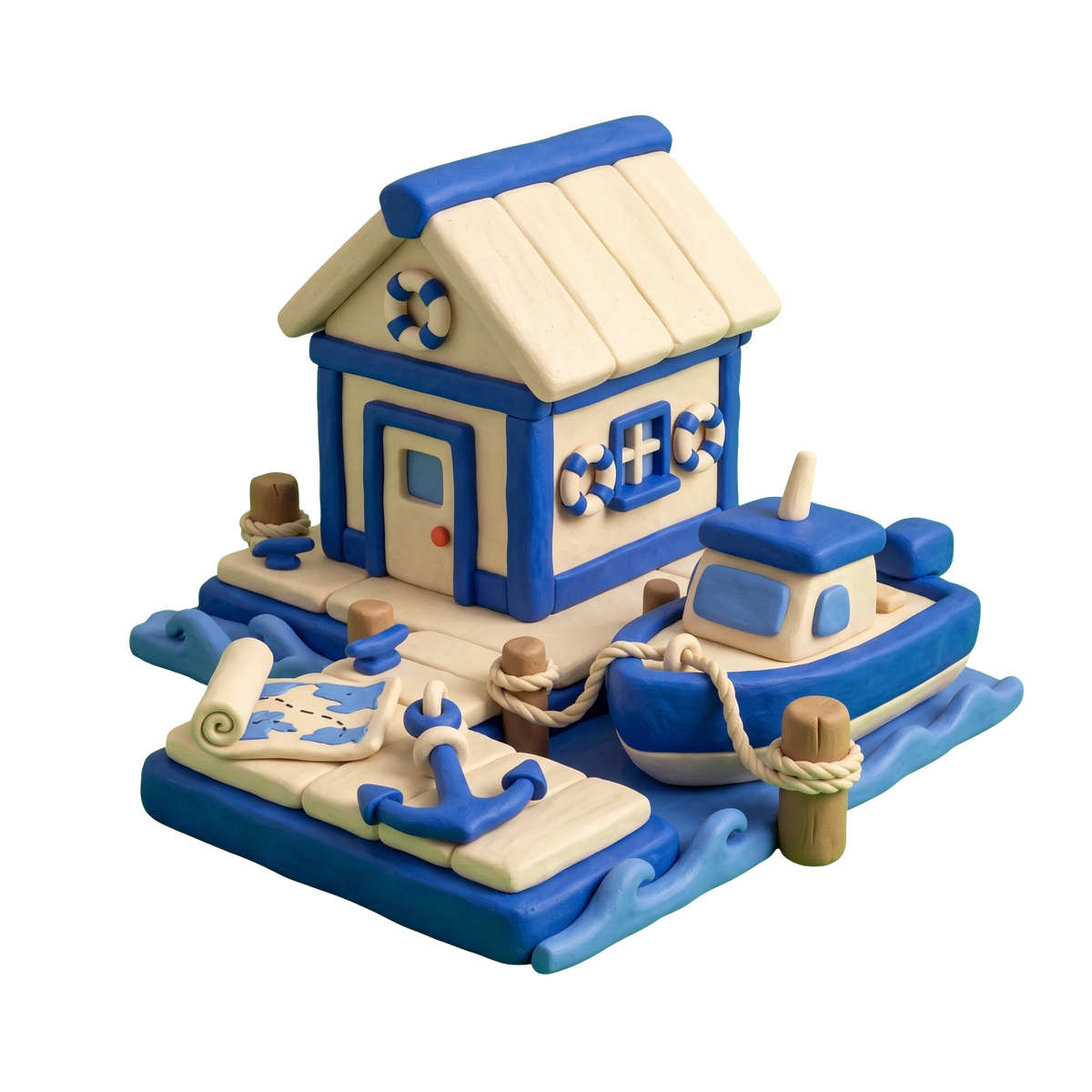 Boat rental service illustration in blue and ivory clay