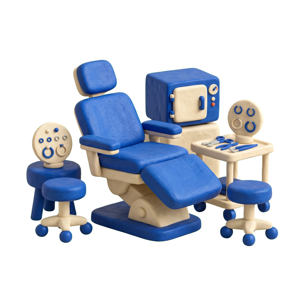 Body piercing shop illustration in blue and ivory clay