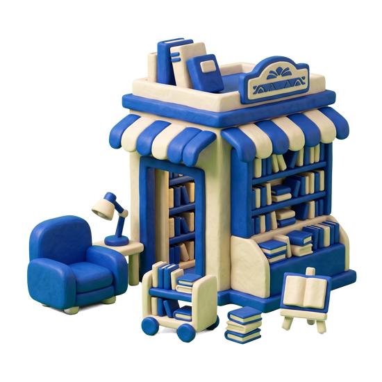 Book store illustration in blue and ivory clay
