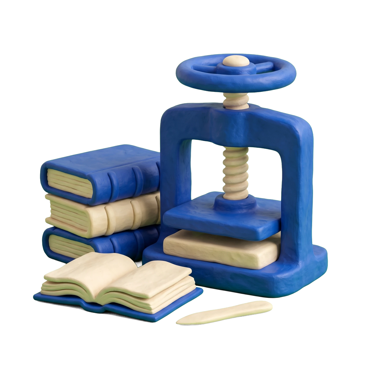 Bookbinder illustration in blue and ivory clay