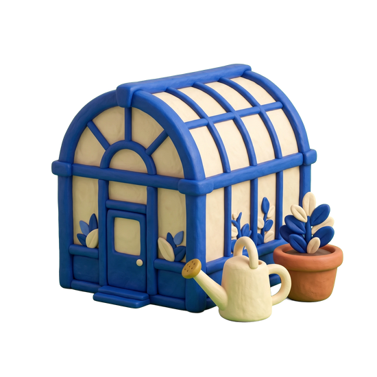 Botanical garden illustration in blue and ivory clay