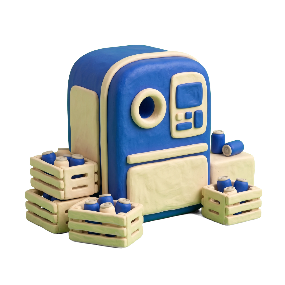 Bottle & can redemption center illustration in blue and ivory clay