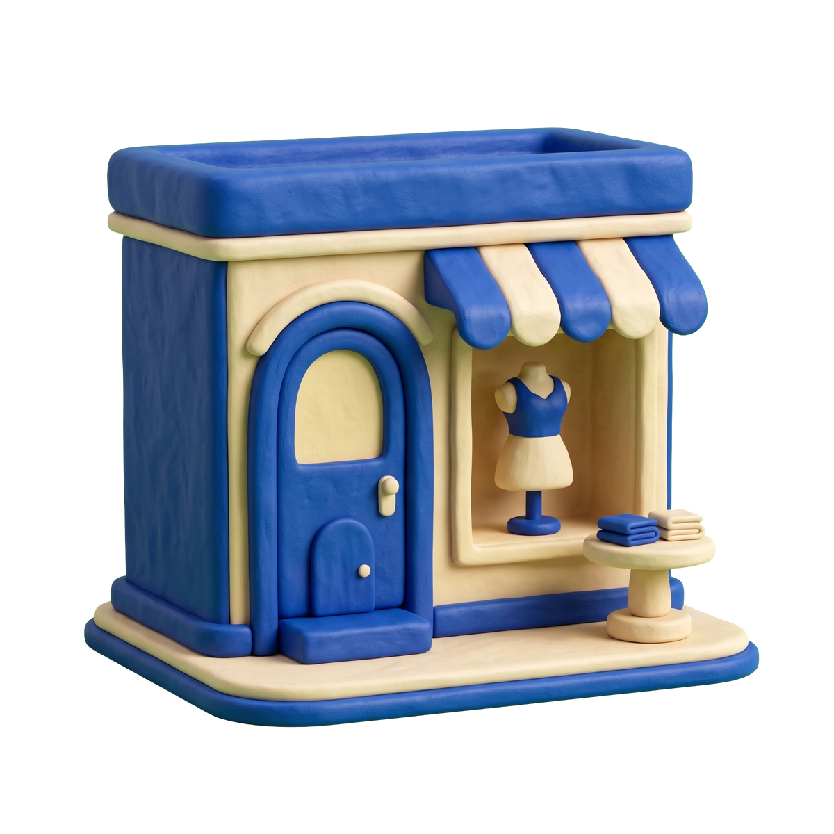 Boutique illustration in blue and ivory clay