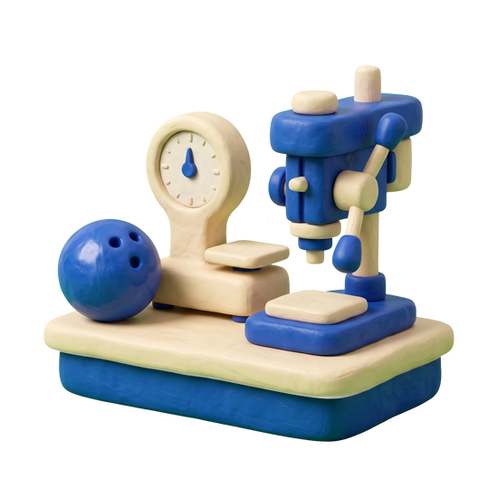 Bowling supply shop illustration in blue and ivory clay