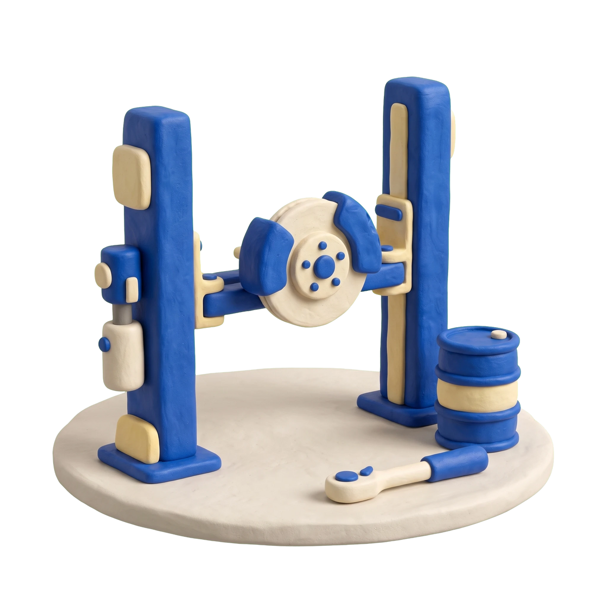 Brake shop illustration in blue and ivory clay