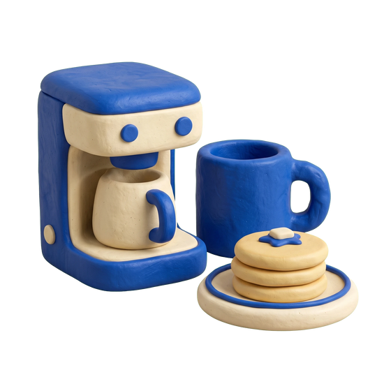 Breakfast restaurant illustration in blue and ivory clay