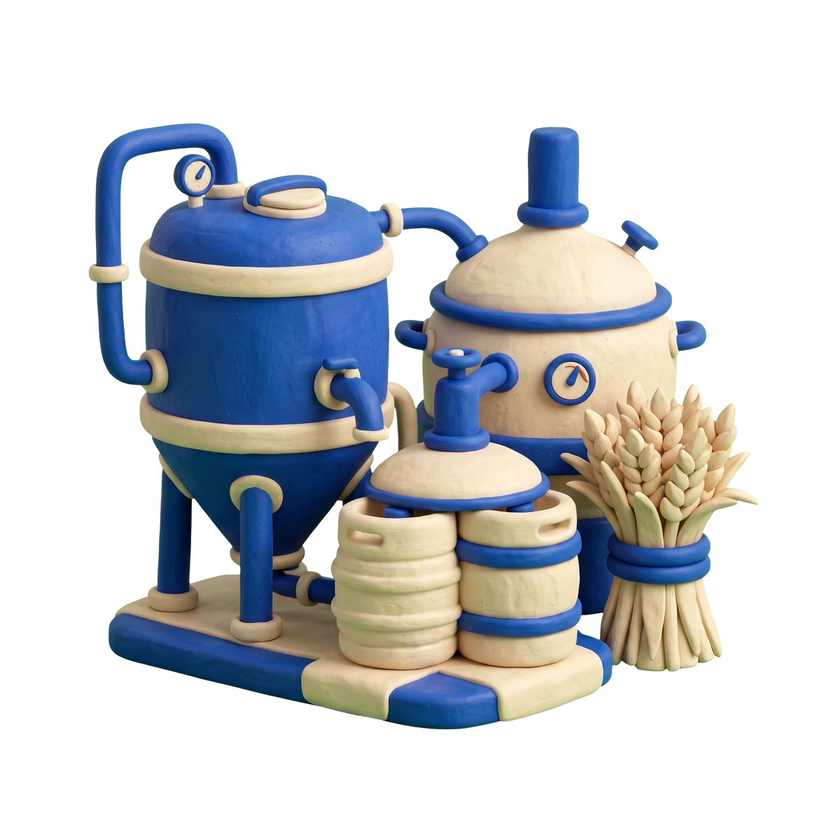 Brewery illustration in blue and ivory clay