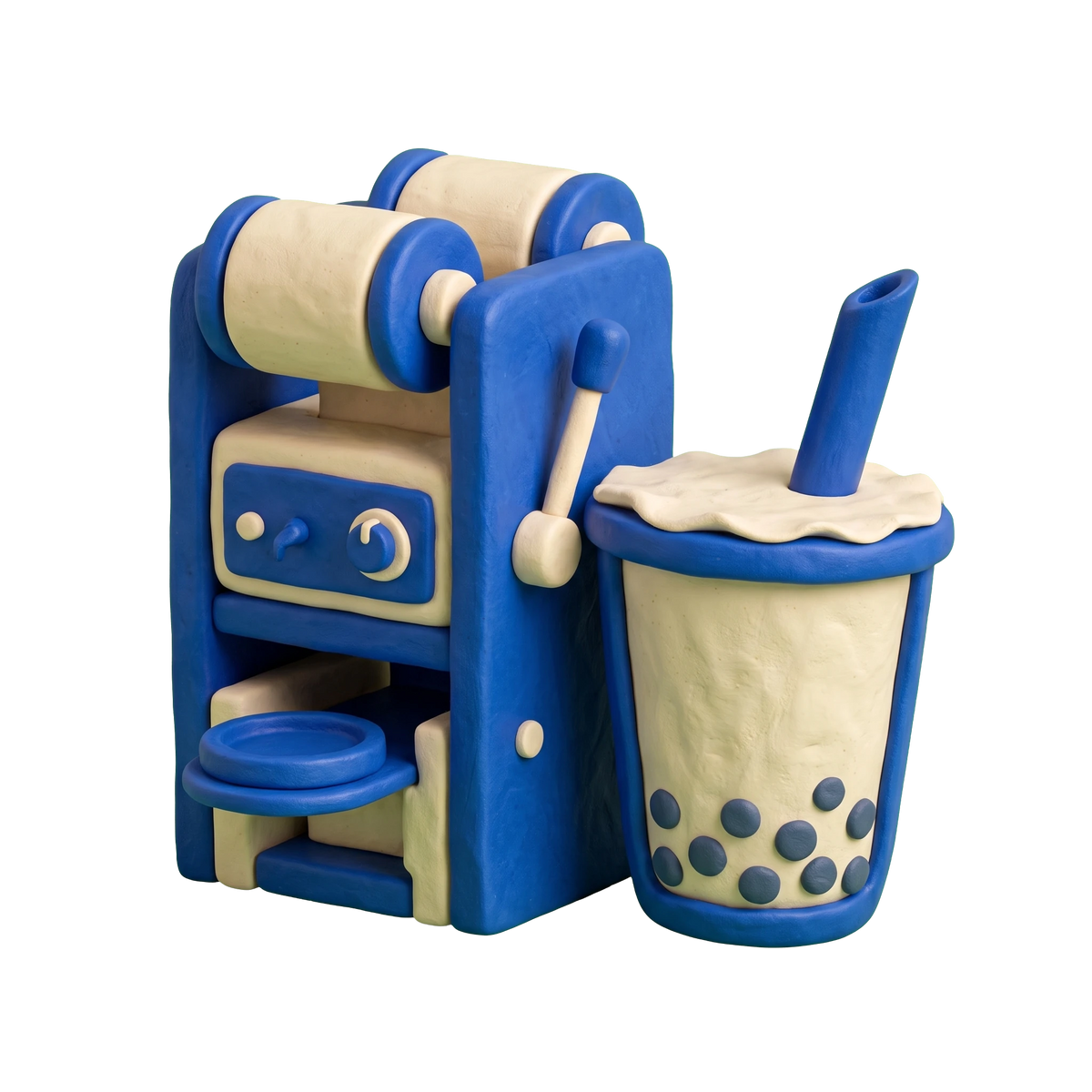 Bubble tea store illustration in blue and ivory clay