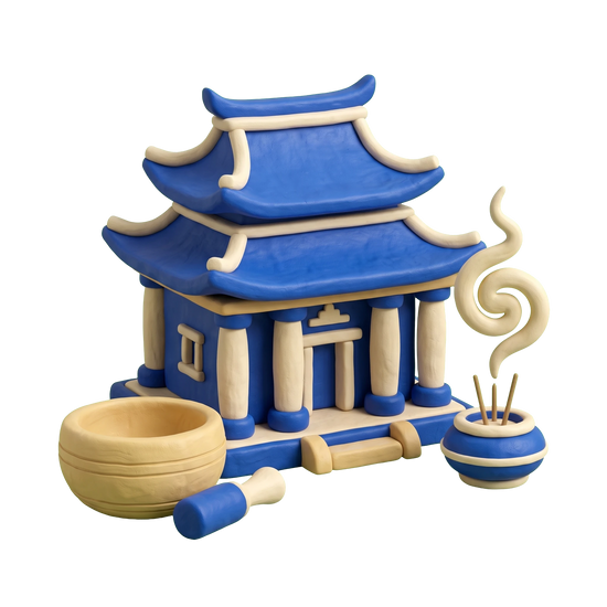 Buddhist temple illustration in blue and ivory clay