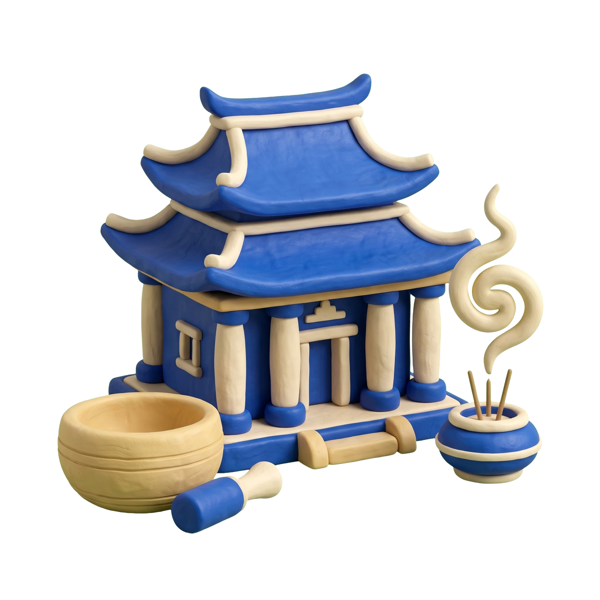 Buddhist temple illustration in blue and ivory clay