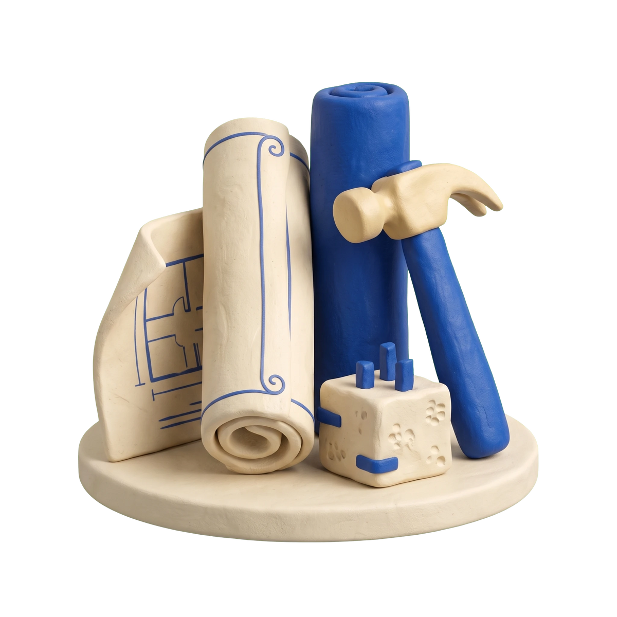 Building firm illustration in blue and ivory clay