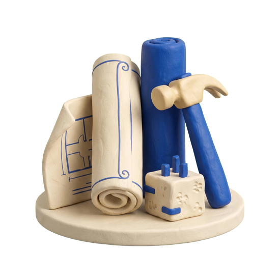 Building firm illustration in blue and ivory clay