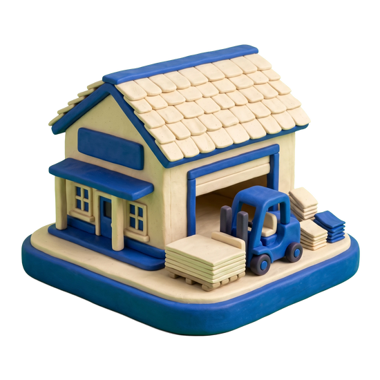 Building materials store illustration in blue and ivory clay