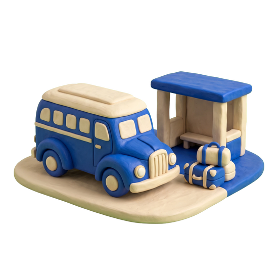 Bus charter illustration in blue and ivory clay