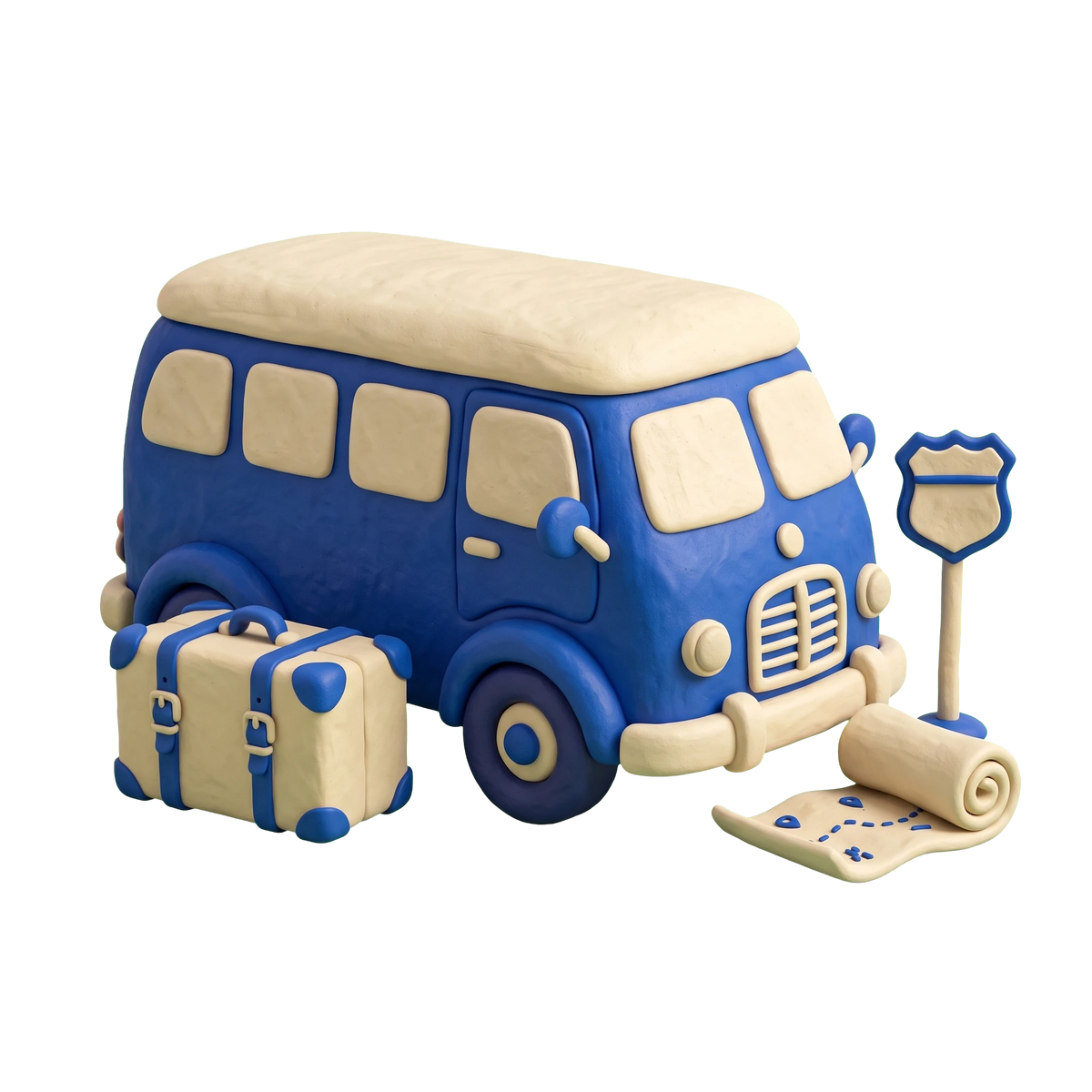 Bus tour agency illustration in blue and ivory clay