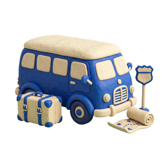 Bus tour agency illustration in blue and ivory clay